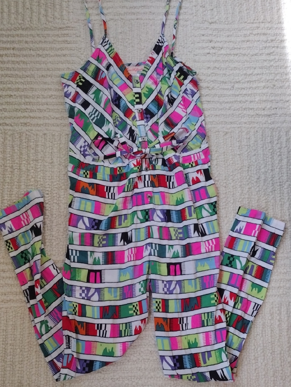 Mara Hoffman Girls Multicolor Geometric Stripe Jumpsuit - Pink, Green & Blue